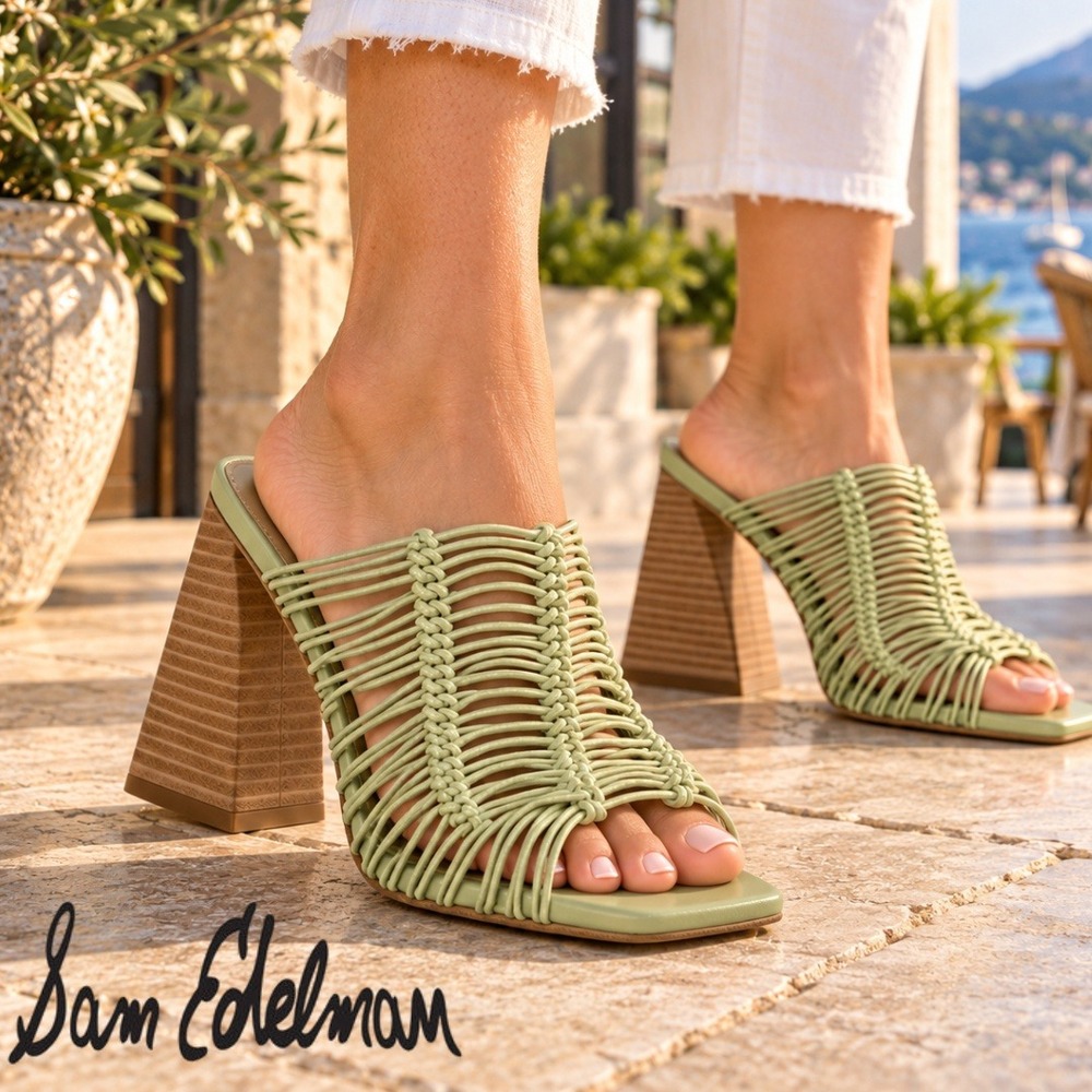 Sam Edelman, Laurette Sandals Green Woven Cage Triangle Block Heel Mules Size 8